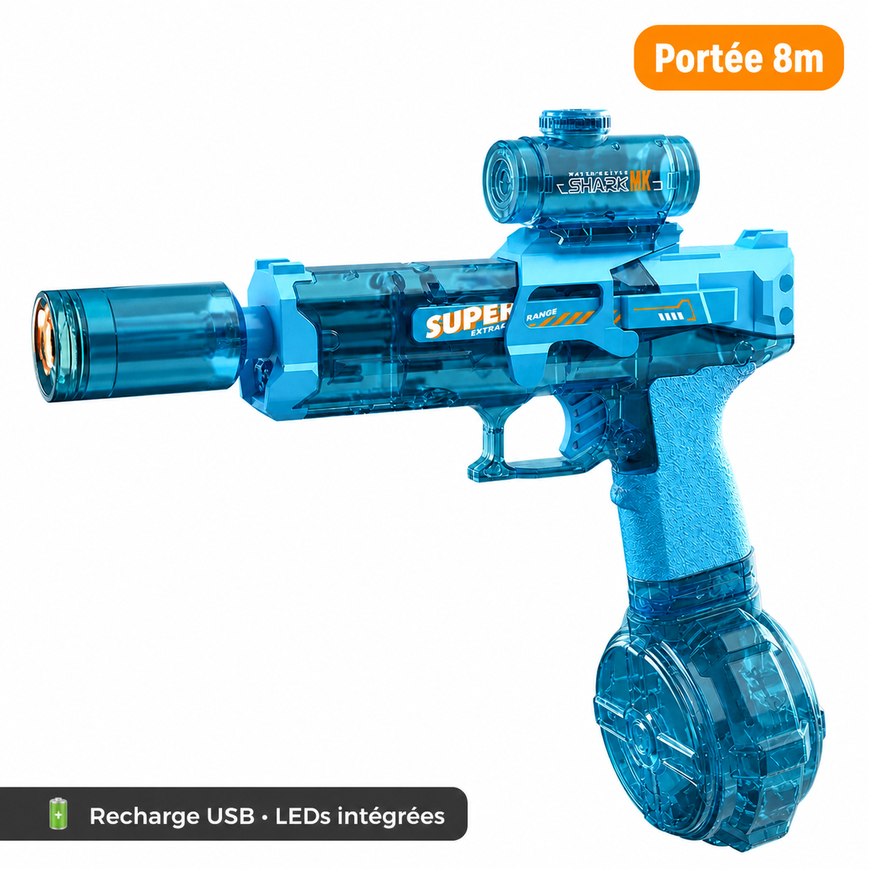 Pistolet à Eau Électrique LED — Portée 8m — Rechargeable USB — Enfants et Adultes — Été 2026