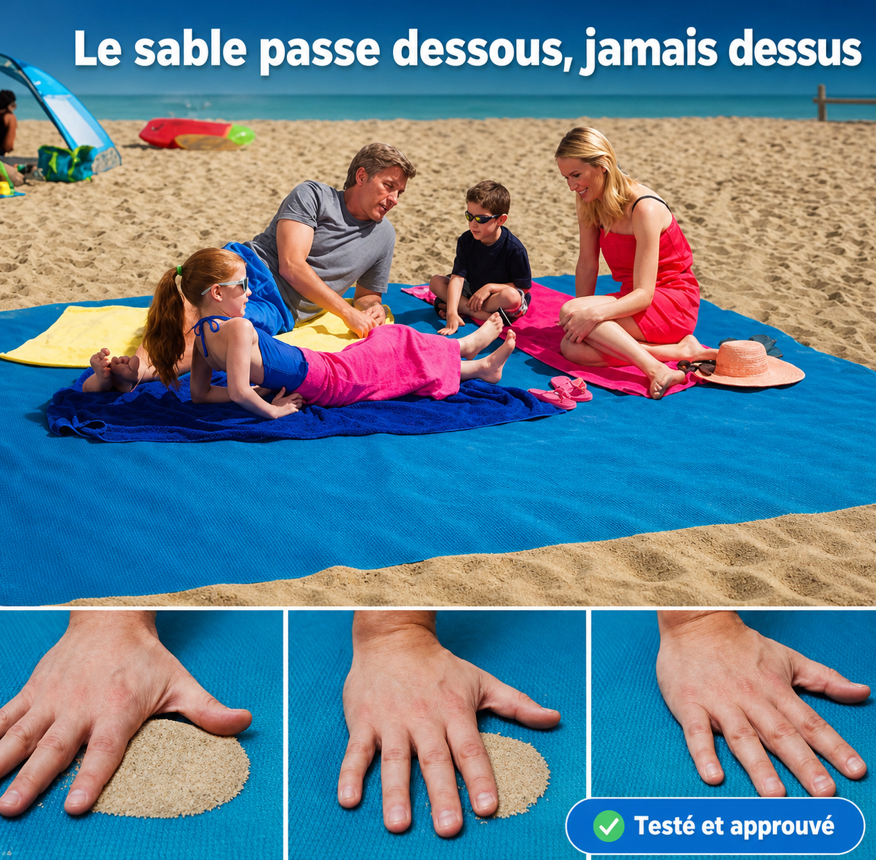 Tapis de Plage Anti-Sable — 200×200cm — Piquets Inclus — Famille — Technologie Sable Magique
