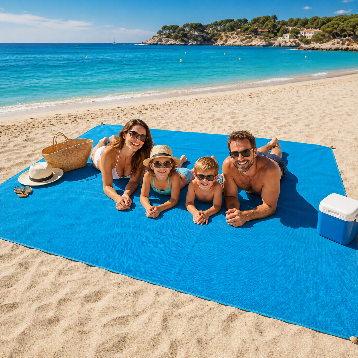 Tapis de Plage Anti-Sable — 200×200cm — Piquets Inclus — Famille — Technologie Sable Magique