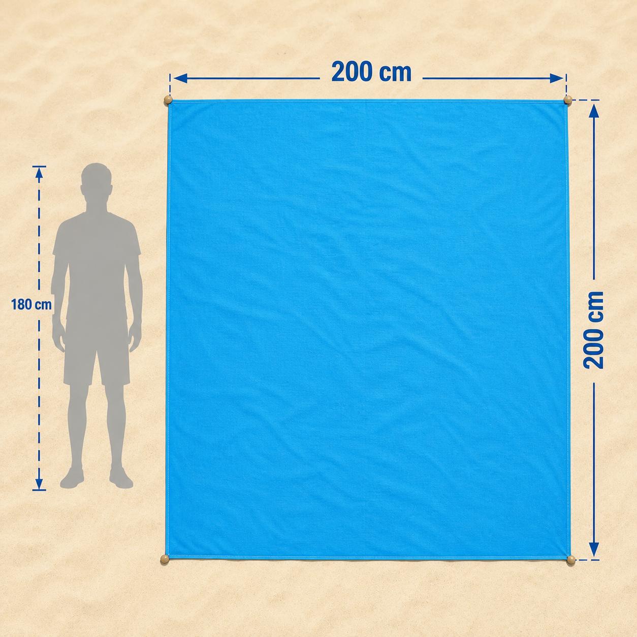 Tapis de Plage Anti-Sable — 200×200cm — Piquets Inclus — Famille — Technologie Sable Magique